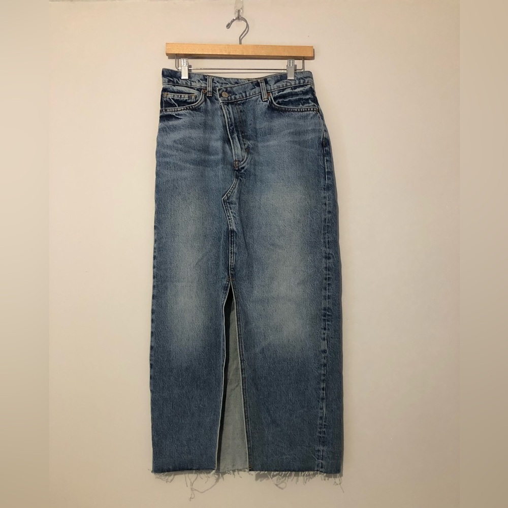 Reformation Nila Long Denim Slit Maxi Skirt Galway Wash Raw Edge Women’s 27